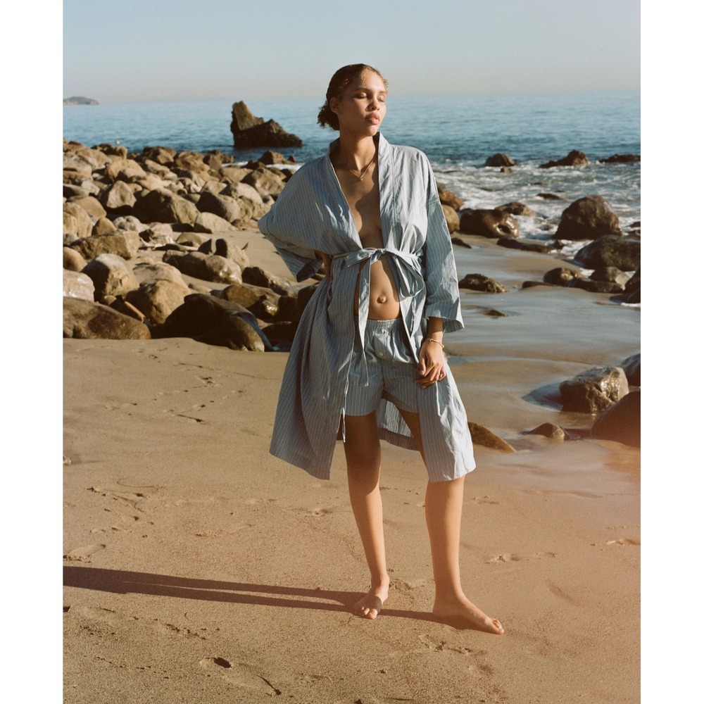 Deiji Studios x Juem Blue Striped Cotton Robe Long Sleeve Loungewear OS